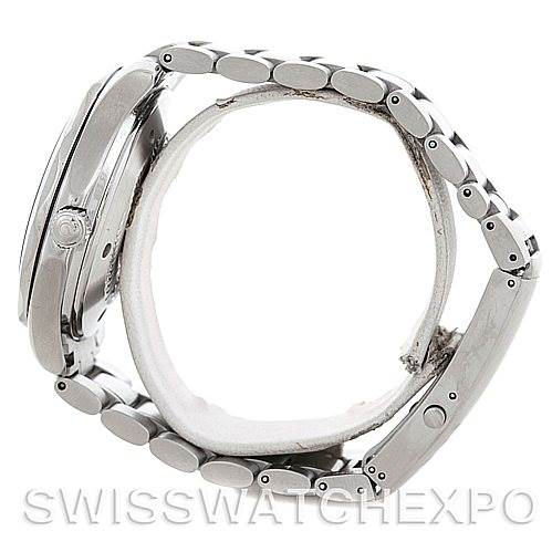 This image shows the left-side profile view of the Omega Seamaster 2234.50.00 Men
s Stainless Steel Black Dial 2234.50.00 Men
s Stainless Steel Black Dial watch, highlighting its case and stainless steel bracelet.