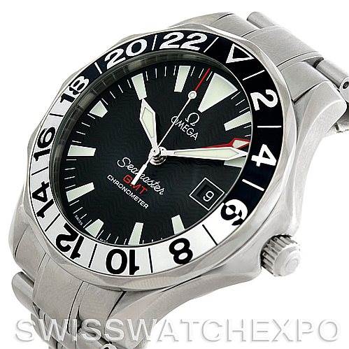 The image shows a front-angled view of an Omega Seamaster 2234.50.00 Men
s Stainless Steel Black Dial 2234.50.00 Men
s Stainless Steel Black Dial watch, highlighting its bezel, dial, and bracelet.