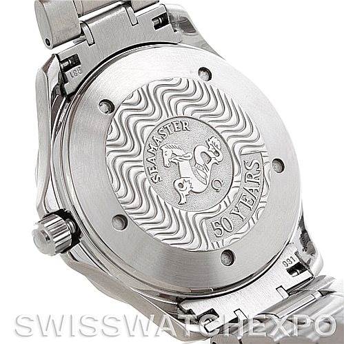 The image shows the back case of an Omega Seamaster 2234.50.00 Men
s Stainless Steel Black Dial 2234.50.00 Men
s Stainless Steel Black Dial watch with "50 Years" engraving.