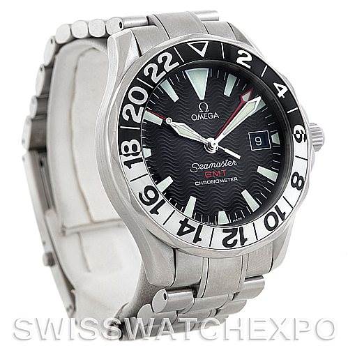 The image shows an Omega Seamaster 2234.50.00 Men
s Stainless Steel Black Dial 2234.50.00 Men
s Stainless Steel Black Dial watch at an angled front view, highlighting its face, bezel, and metal bracelet.