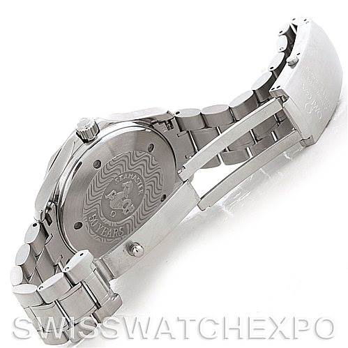 The image shows the back and partially opened bracelet of an Omega Seamaster 2234.50.00 Men
s Stainless Steel Black Dial 2234.50.00 Men
s Stainless Steel Black Dial watch, highlighting the case-back design and clasp.