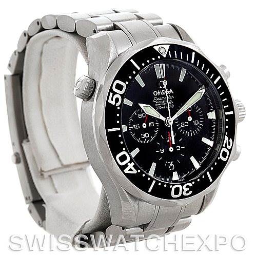 This image shows a side angle of an Omega Seamaster 2594.52.00 Men's Stainless Steel Black Dial 2594.52.00 Men's Stainless Steel Black Dial watch, highlighting the bezel, crown, dial, and part of the metal bracelet.