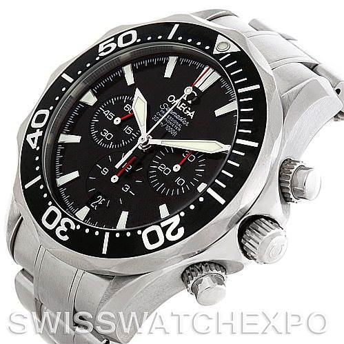 The angle shows the face, bezel, crown, pushers, and a portion of the bracelet of the Omega Seamaster 2594.52.00 Men's Stainless Steel Black Dial 2594.52.00 Men's Stainless Steel Black Dial watch.