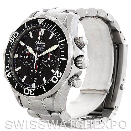 The image shows a side-angle view of an Omega Seamaster 2594.52.00 Men's Stainless Steel Black Dial 2594.52.00 Men's Stainless Steel Black Dial watch, highlighting the bezel, crown, and chronograph pushers.