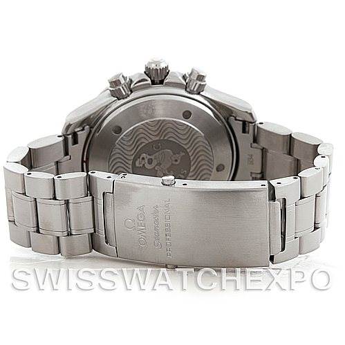 The image shows the back and bracelet of an Omega Seamaster 2594.52.00 Men's Stainless Steel Black Dial 2594.52.00 Men's Stainless Steel Black Dial watch, highlighting the clasp and case back design.