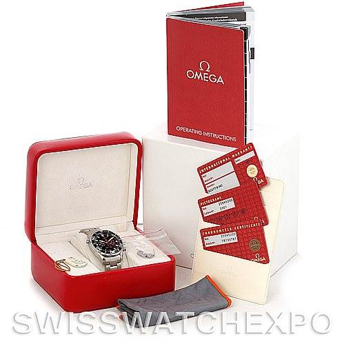 This image shows the Omega Seamaster 2594.52.00 Men's Stainless Steel Black Dial 2594.52.00 Men's Stainless Steel Black Dial watch with its box, operating instructions, warranty cards, and a cleaning cloth.