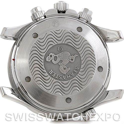 The image shows the back case of an Omega Seamaster 2594.52.00 Men's Stainless Steel Black Dial 2594.52.00 Men's Stainless Steel Black Dial watch from a top-down angle, highlighting the engraved logo and wave pattern.