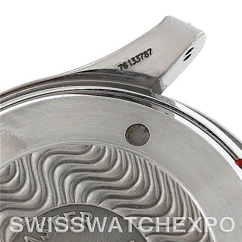 This image shows a close-up of the back case and lug of an Omega Seamaster 2594.52.00 Men's Stainless Steel Black Dial 2594.52.00 Men's Stainless Steel Black Dial watch, featuring engraved serial numbers and a wavy pattern.