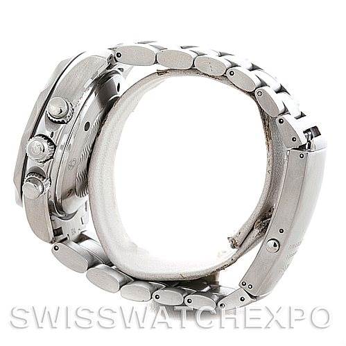 The image shows a side angle of an Omega Seamaster 2594.52.00 Men's Stainless Steel Black Dial 2594.52.00 Men's Stainless Steel Black Dial watch, highlighting its case, crown, pushers, and metal bracelet.