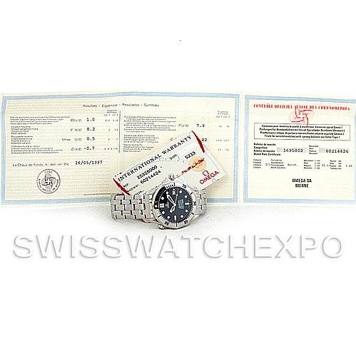 The image shows an Omega Seamaster 2532.80.00 Men
s Stainless Steel Grey Dial 2532.80.00 Men
s Stainless Steel Grey Dial watch, complete with warranty cards and official documentation, all viewed from a top-down angle.