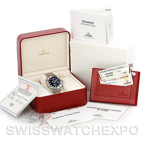 The image shows an Omega Seamaster 2532.80.00 Men
s Stainless Steel Grey Dial 2532.80.00 Men
s Stainless Steel Grey Dial watch and its accessories, including the box, warranty cards, and manuals, displayed from a front angle.