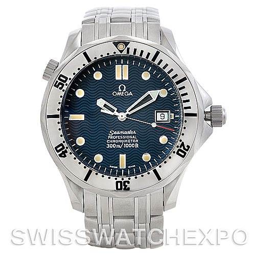 The image shows a front view of the Omega Seamaster 2532.80.00 Men
s Stainless Steel Grey Dial 2532.80.00 Men
s Stainless Steel Grey Dial watch, highlighting its dial, bezel, and bracelet.