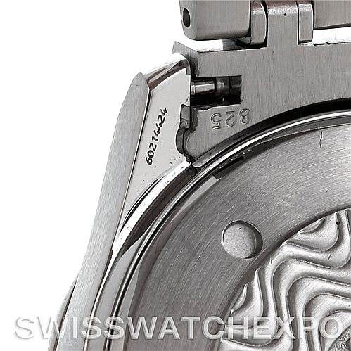 This image shows a close-up of the lug and case back of the Omega Seamaster 2532.80.00 Men
s Stainless Steel Grey Dial 2532.80.00 Men
s Stainless Steel Grey Dial watch, focusing on the serial number and intricate detailing.