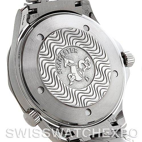This image shows the back casing of an Omega Seamaster 2532.80.00 Men
s Stainless Steel Grey Dial 2532.80.00 Men
s Stainless Steel Grey Dial watch, highlighting the engraved design and logo.