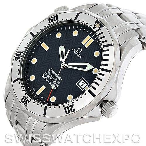 The image shows an Omega Seamaster 2532.80.00 Men
s Stainless Steel Grey Dial 2532.80.00 Men
s Stainless Steel Grey Dial watch angled to highlight the dial, bezel, bracelet, and crown from the front and side.