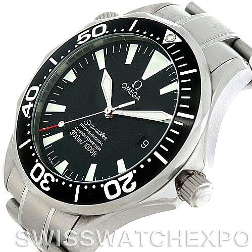 The image shows an Omega Seamaster 2254.50.00 Men
s Stainless Steel Black Dial 2254.50.00 Men
s Stainless Steel Black Dial watch from an oblique angle, highlighting the bezel, dial, and bracelet.