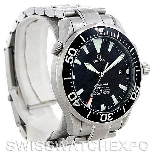 The image shows an Omega Seamaster 2254.50.00 Men
s Stainless Steel Black Dial 2254.50.00 Men
s Stainless Steel Black Dial watch at a three-quarter angle, displaying the face, bezel, crown, and part of the bracelet.