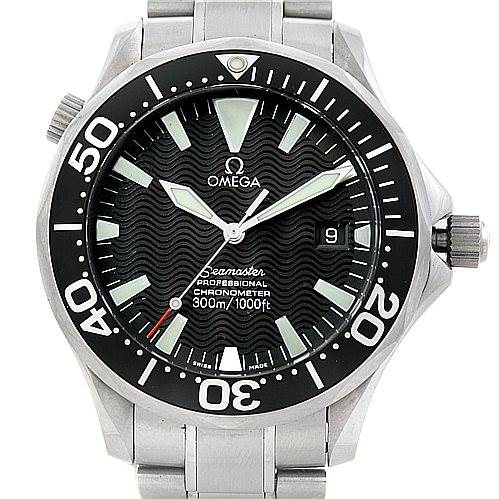 This image shows a front view of an Omega Seamaster 2254.50.00 Men
s Stainless Steel Black Dial 2254.50.00 Men
s Stainless Steel Black Dial watch, highlighting the dial, bezel, hands, and tachymeter.