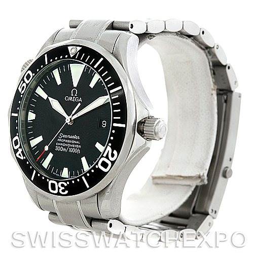 This image shows an angled view of the Omega Seamaster 2254.50.00 Men
s Stainless Steel Black Dial 2254.50.00 Men
s Stainless Steel Black Dial watch, highlighting the bezel, crown, dial, and a portion of the bracelet.