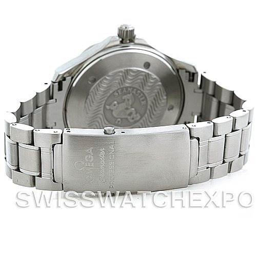 The image shows the clasp and case-back of an Omega Seamaster 2254.50.00 Men
s Stainless Steel Black Dial 2254.50.00 Men
s Stainless Steel Black Dial watch, viewed from the rear.