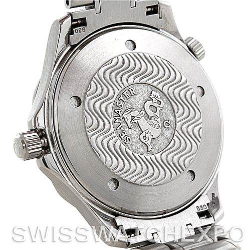 The image shows the case back and part of the bracelet of an Omega Seamaster 2254.50.00 Men
s Stainless Steel Black Dial 2254.50.00 Men
s Stainless Steel Black Dial watch, highlighting its engraving and wave pattern.