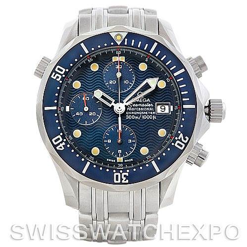 This photo shows the front and bracelet of an Omega Seamaster 2599.80.00 Men
s Stainless Steel Blue Dial 2599.80.00 Men
s Stainless Steel Blue Dial watch, displaying the dial, bezel, hands, and chronograph subdials.