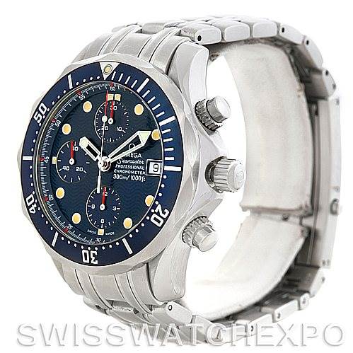 The image shows the Omega Seamaster 2599.80.00 Men
s Stainless Steel Blue Dial 2599.80.00 Men
s Stainless Steel Blue Dial watch at a slight side angle, highlighting its face, chronograph buttons, and metal bracelet.
