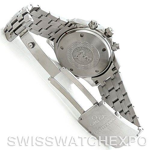 The image shows the back and clasp of an Omega Seamaster 2599.80.00 Men
s Stainless Steel Blue Dial 2599.80.00 Men
s Stainless Steel Blue Dial watch at an angle, highlighting its closed stainless steel bracelet.