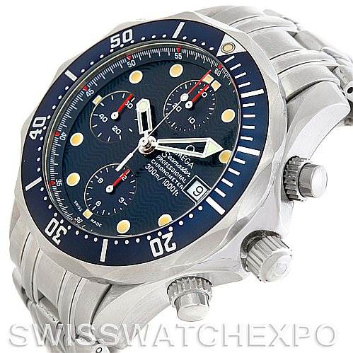 The image shows an Omega Seamaster 2599.80.00 Men
s Stainless Steel Blue Dial 2599.80.00 Men
s Stainless Steel Blue Dial model watch at an angled view, highlighting its dial, bezel, buttons, and stainless steel bracelet.