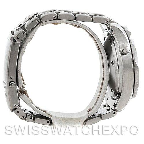 The image shows a side view of the Omega Seamaster 2599.80.00 Men
s Stainless Steel Blue Dial 2599.80.00 Men
s Stainless Steel Blue Dial watch, highlighting its case, bezel, crown, and bracelet.