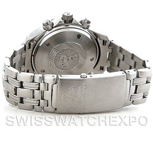 The image shows the back case and clasp of an Omega Seamaster 2599.80.00 Men
s Stainless Steel Blue Dial 2599.80.00 Men
s Stainless Steel Blue Dial watch, with the case back engraving and bracelet details visible.