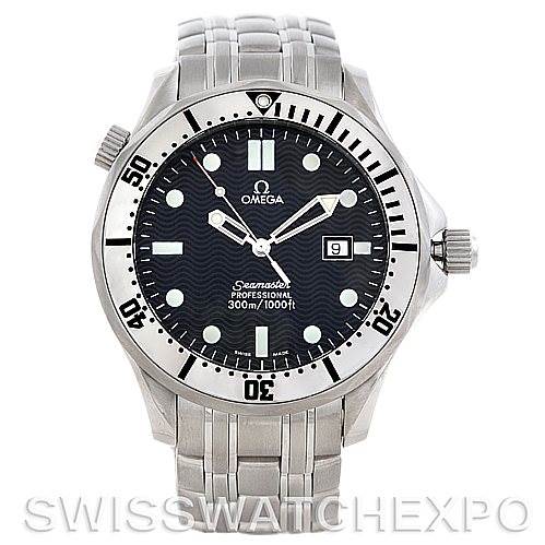 This image shows a front view of the Omega Seamaster Men
s Stainless Steel Grey Dial Men
s Stainless Steel Grey Dial watch, highlighting its black dial, bezel, stainless steel bracelet, and date window.