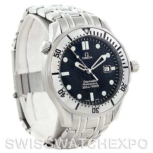 This is a front-left angled view of an Omega Seamaster Men
s Stainless Steel Grey Dial Men
s Stainless Steel Grey Dial watch, showing the bezel, dial, hands, date window, and bracelet.