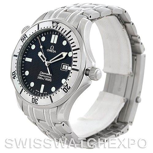 The image shows a side angle of the Omega Seamaster Men
s Stainless Steel Grey Dial Men
s Stainless Steel Grey Dial watch, detailing the face, bezel, crown, and stainless steel bracelet.