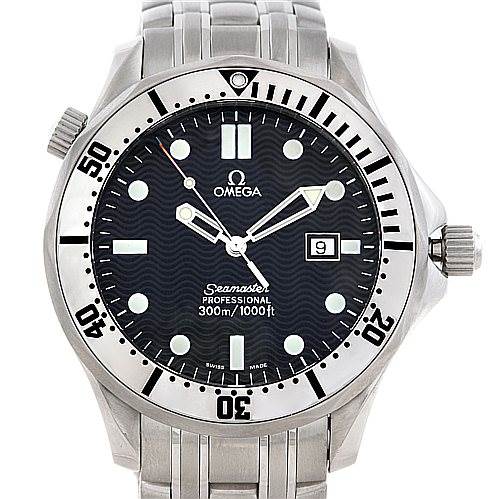 This image shows a front view of the Omega Seamaster Men
s Stainless Steel Grey Dial Men
s Stainless Steel Grey Dial watch, including its bezel, dial, hands, bracelet, and date display.