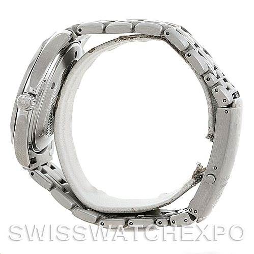 The image shows a side view of the Omega Seamaster Men
s Stainless Steel Grey Dial Men
s Stainless Steel Grey Dial watch, focusing on the case, crown, and metal bracelet.