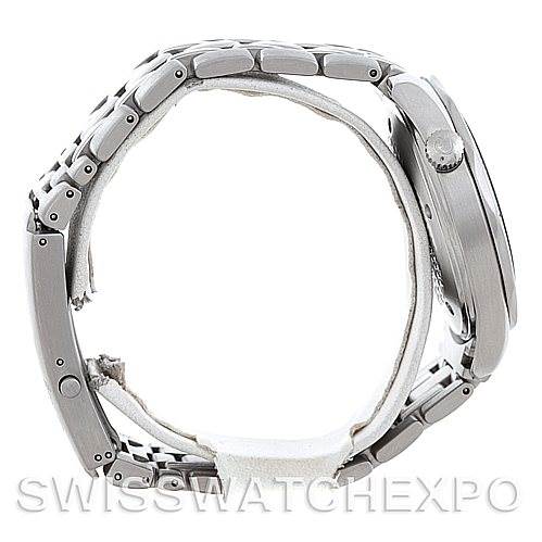 The image shows a side view of an Omega Seamaster Men
s Stainless Steel Grey Dial Men
s Stainless Steel Grey Dial watch focusing on the case, crown, and metal bracelet.