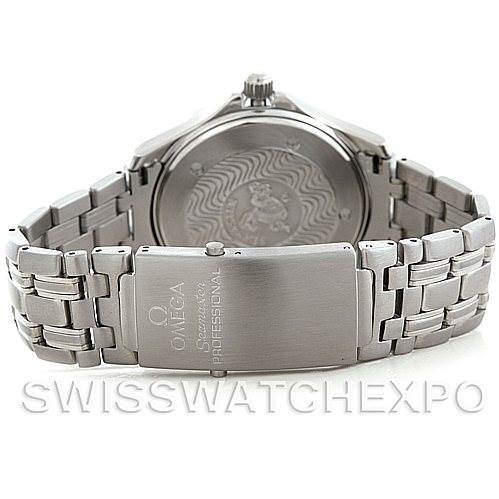 The image shows the back view of an Omega Seamaster Men
s Stainless Steel Grey Dial Men
s Stainless Steel Grey Dial watch, highlighting the case back and the bracelet clasp.