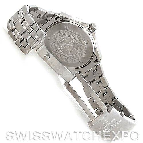 The image shows the back view of an Omega Seamaster Men
s Stainless Steel Grey Dial Men
s Stainless Steel Grey Dial watch, highlighting its bracelet and the engraved case back.