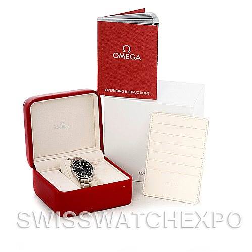 The image shows an Omega Seamaster 2254.50.00 Men
s Stainless Steel Black Dial 2254.50.00 Men
s Stainless Steel Black Dial watch inside a red box, along with a manual, a cardholder, and outer packaging.