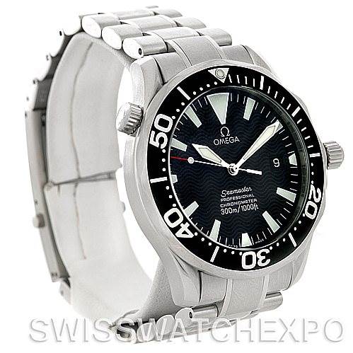 This image shows an Omega Seamaster 2254.50.00 Men
s Stainless Steel Black Dial 2254.50.00 Men
s Stainless Steel Black Dial watch at a three-quarter angle, highlighting the face, bezel, and part of the metal bracelet.