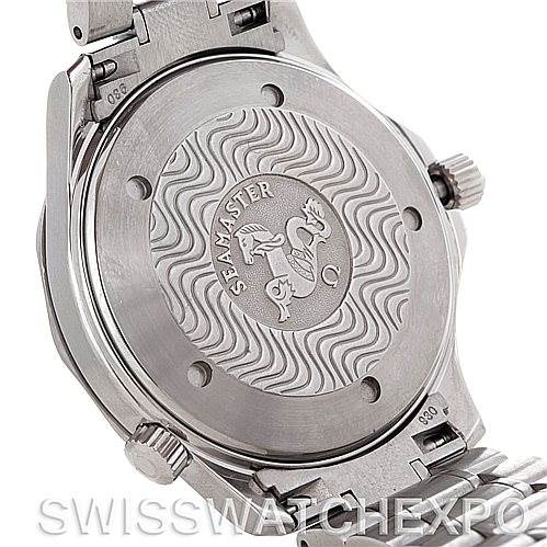 The image shows the back case and bracelet of the Omega Seamaster 2254.50.00 Men
s Stainless Steel Black Dial 2254.50.00 Men
s Stainless Steel Black Dial watch, featuring the engraved logo and wave pattern.