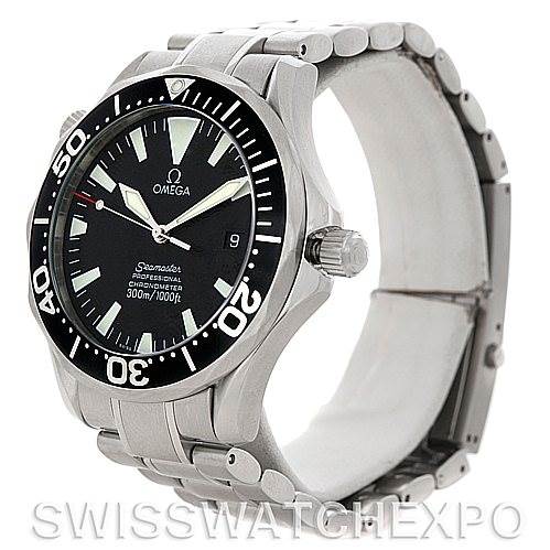 The Omega Seamaster 2254.50.00 Men
s Stainless Steel Black Dial 2254.50.00 Men
s Stainless Steel Black Dial watch is shown at an angled front view, displaying its face, bezel, and part of its bracelet.
