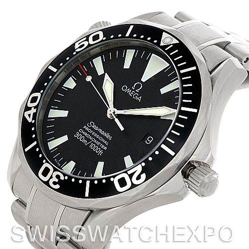The image shows an angled side view of the Omega Seamaster 2254.50.00 Men
s Stainless Steel Black Dial 2254.50.00 Men
s Stainless Steel Black Dial watch, highlighting the face, bezel, crown, and part of the bracelet.