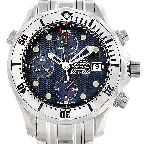 The image shows a front view of the Omega Seamaster 2598.80.00 Men
s Stainless Steel Blue Dial 2598.80.00 Men
s Stainless Steel Blue Dial watch, highlighting its bezel, dial, chronograph subdials, and crown.