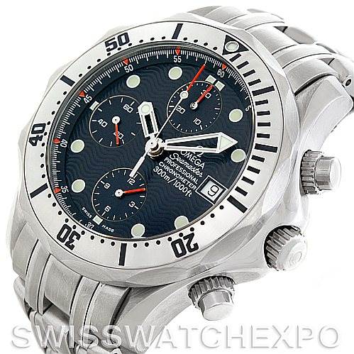 This image shows an angled view of the Omega Seamaster 2598.80.00 Men
s Stainless Steel Blue Dial 2598.80.00 Men
s Stainless Steel Blue Dial watch, highlighting its face, bezel, chronograph subdials, crown, and pushers.