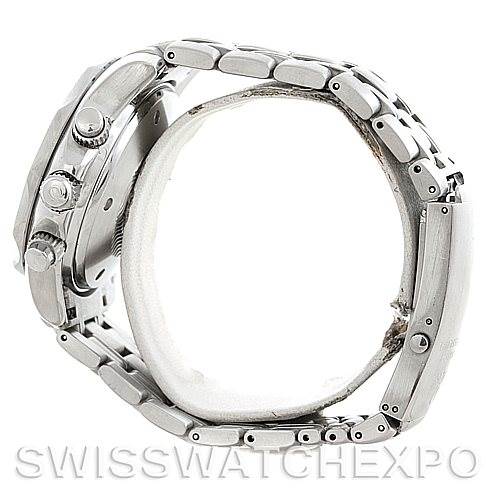 The image shows a side view of an Omega Seamaster 2598.80.00 Men
s Stainless Steel Blue Dial 2598.80.00 Men
s Stainless Steel Blue Dial watch, highlighting its bracelet, clasp, case, and crown.