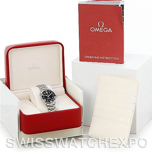 The image shows an Omega Seamaster 2252.50.00 Men
s Stainless Steel Black Dial 2252.50.00 Men
s Stainless Steel Black Dial watch in its case, along with the operating instructions and an additional card.