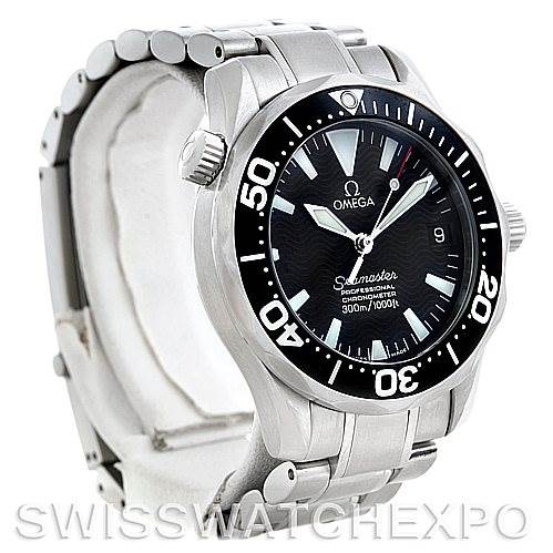 The image shows an Omega Seamaster 2252.50.00 Men
s Stainless Steel Black Dial 2252.50.00 Men
s Stainless Steel Black Dial watch at an angle highlighting its face, bezel, and stainless steel bracelet.