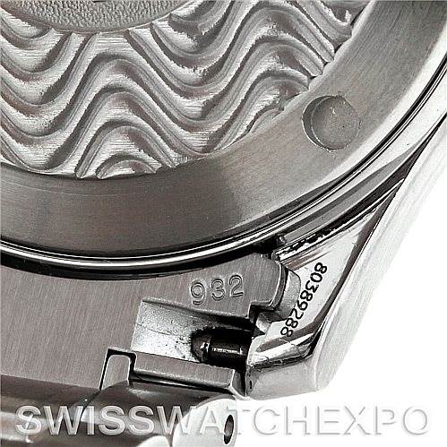 This close-up image of the Omega Seamaster 2252.50.00 Men
s Stainless Steel Black Dial 2252.50.00 Men
s Stainless Steel Black Dial watch shows the case back and part of the serial number.